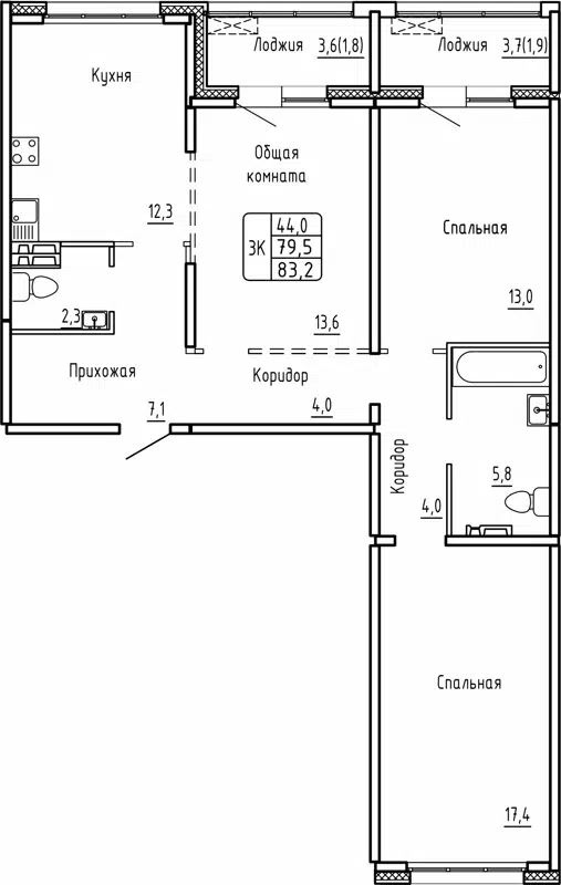 3-комнатная квартира 83.2 м² Самоцветы