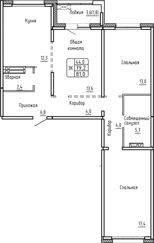 3-комнатная квартира 81 м² Самоцветы