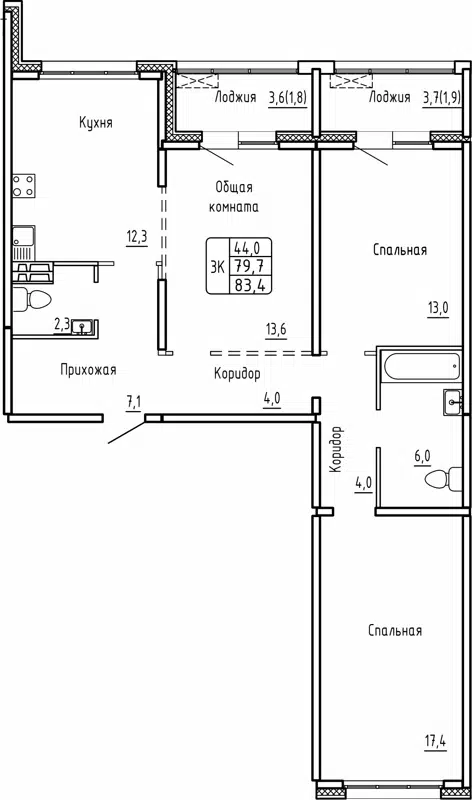 3-комнатная квартира 83.4 м² Самоцветы