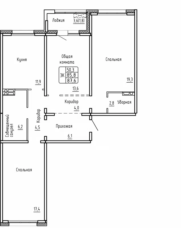 3-комнатная квартира 87.6 м² Самоцветы