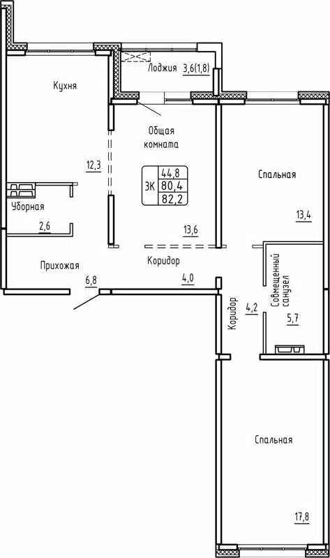 3-комнатная квартира 82.2 м² Самоцветы
