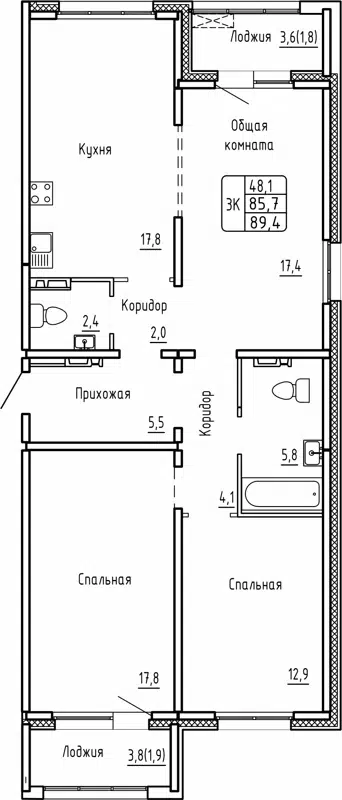 3-комнатная квартира 89.4 м² Самоцветы