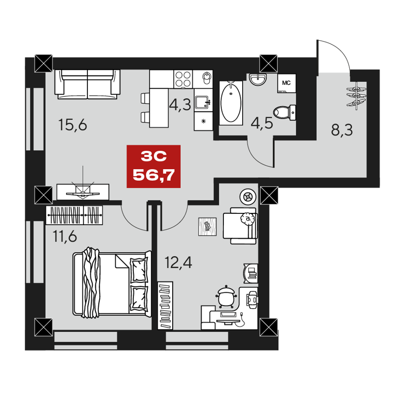 3-комнатные апартаменты 56.7 м² Маки