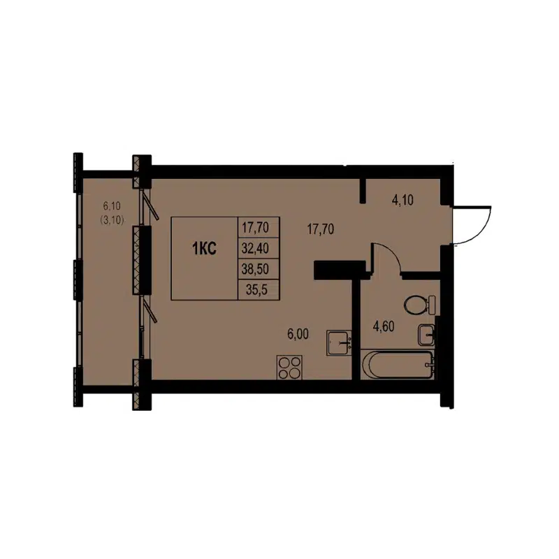 Студия 35.5 м² Автограф