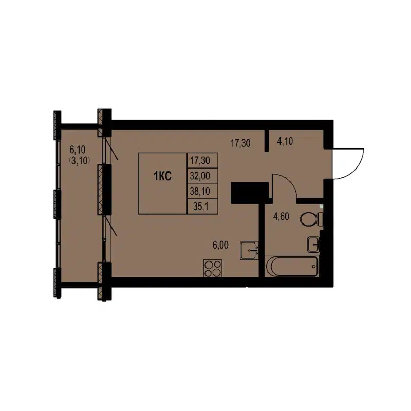 Студия 35.1 м² Автограф