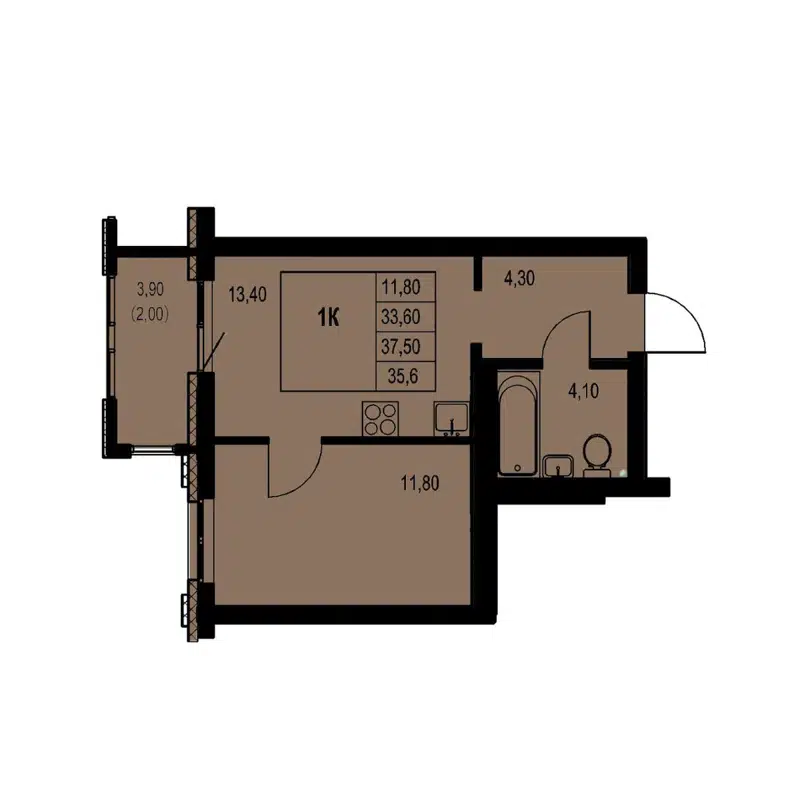 1-комнатная квартира 35.6 м² Автограф
