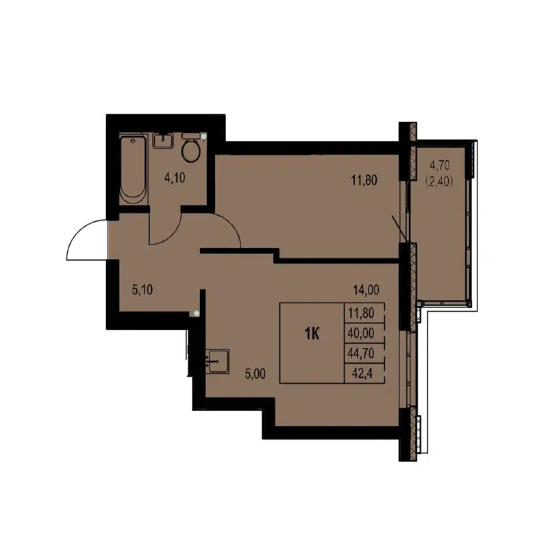 1-комнатная квартира 42.4 м² Автограф