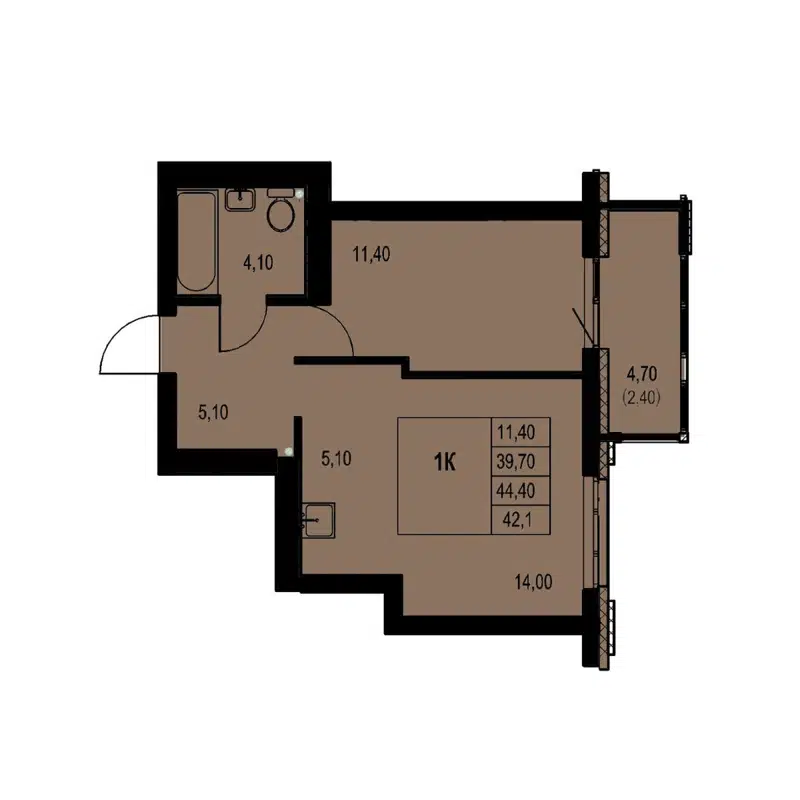 1-комнатная квартира 42.1 м² Автограф