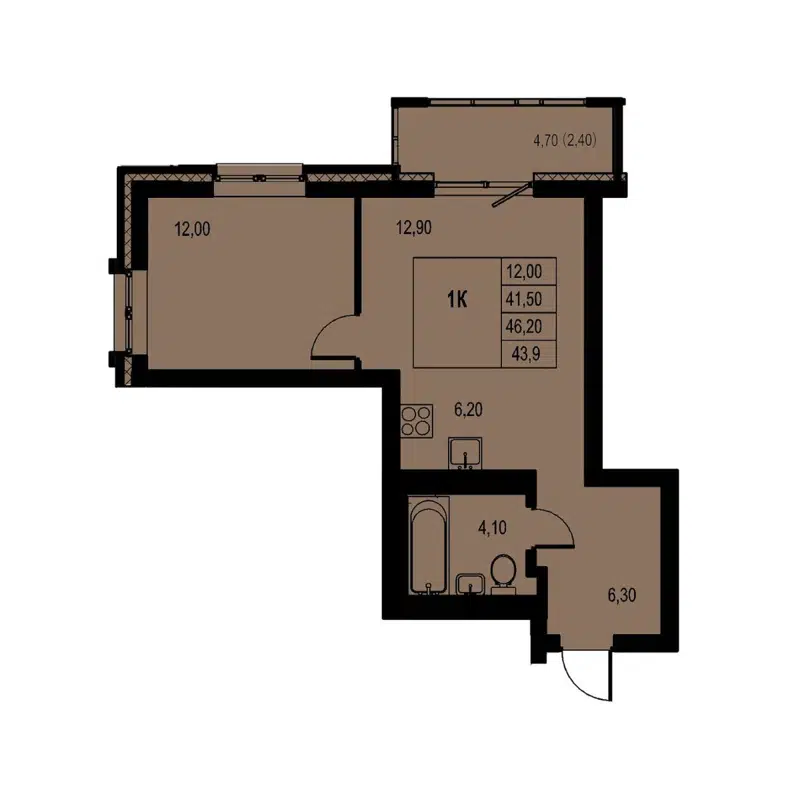 1-комнатная квартира 43.9 м² Автограф