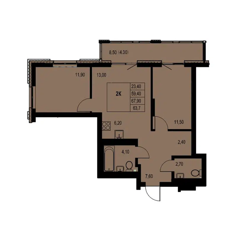 2-комнатная квартира 63.7 м² Автограф