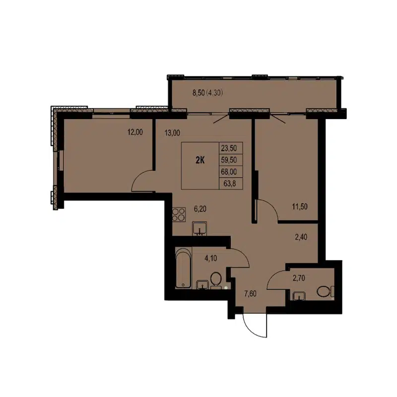 2-комнатная квартира 63.8 м² Автограф
