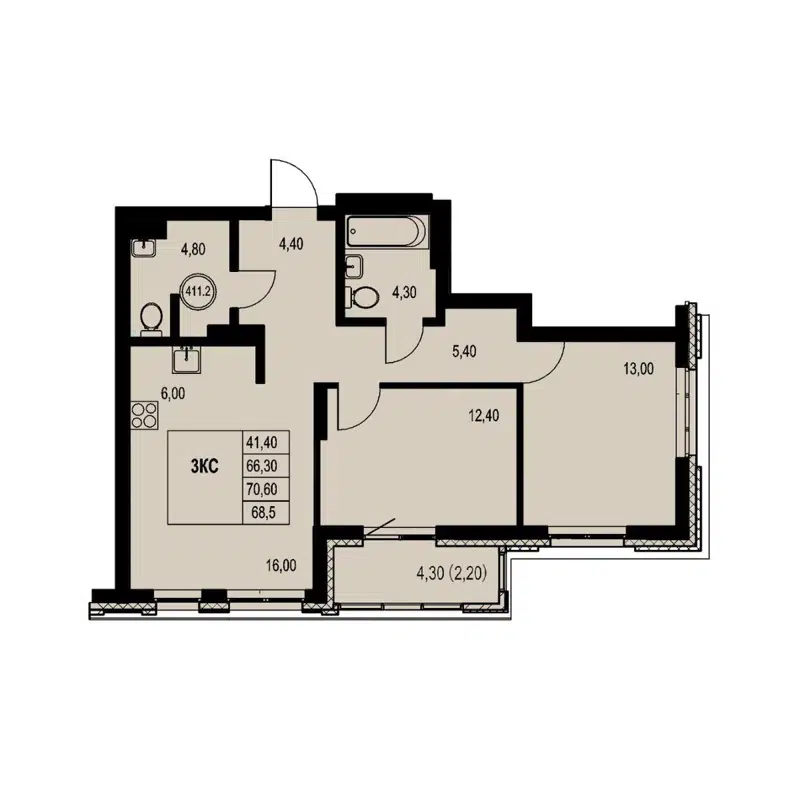 3-комнатная квартира 68.5 м² Автограф