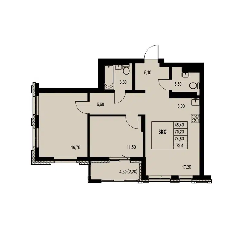 3-комнатная квартира 72.4 м² Автограф