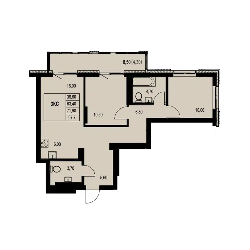 3-комнатная квартира 67.7 м² Автограф