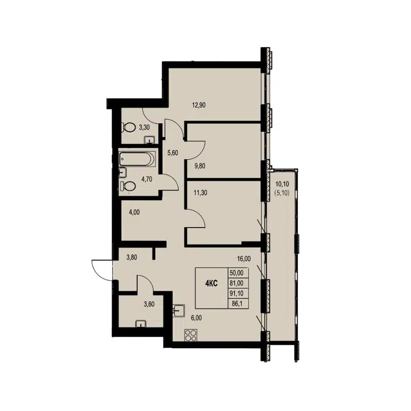4-комнатная квартира 86.1 м² Автограф