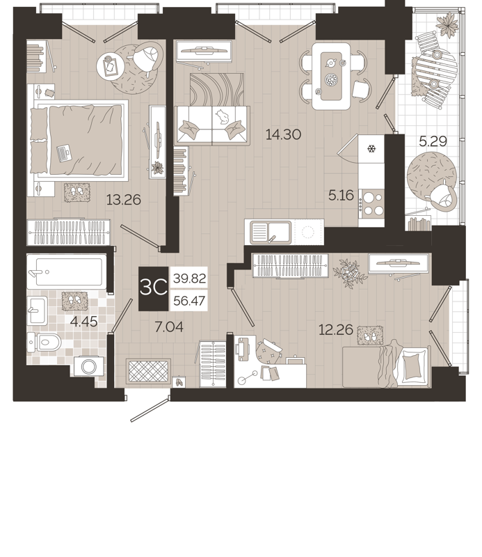 3-комнатная квартира 56.47 м² Авторский квартал