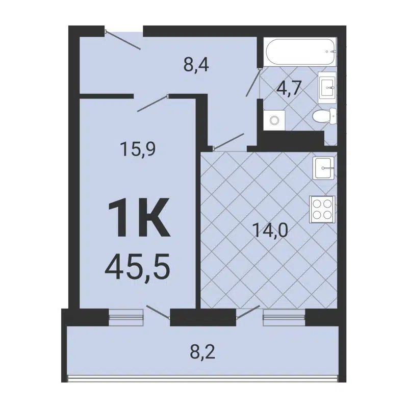 1-комнатная квартира 45.4 м² Тетрис