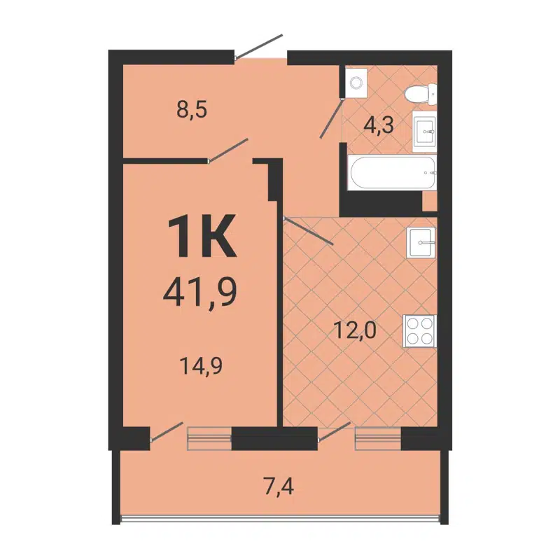 1-комнатная квартира 41.8 м² Тетрис