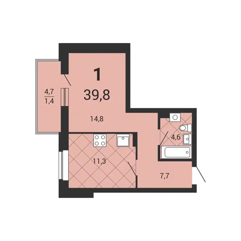 1-комнатная квартира 39.8 м² Тетрис