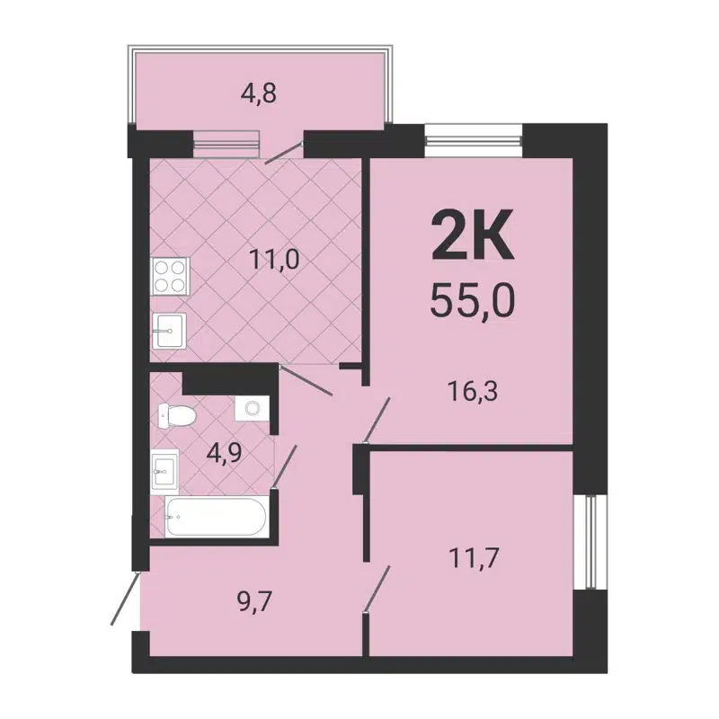 2-комнатная квартира 54.8 м² Тетрис