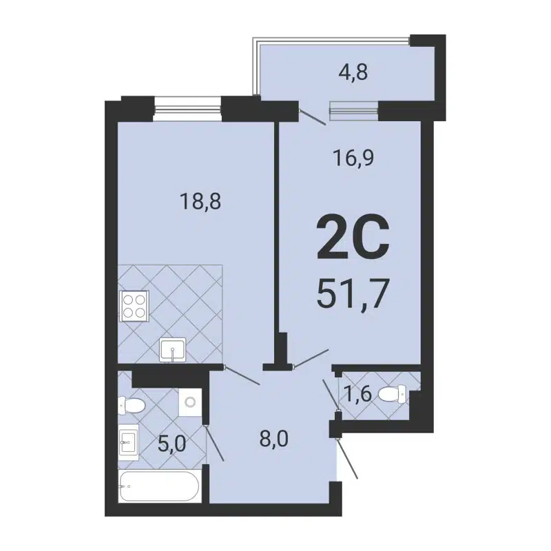 2-комнатная квартира 51.7 м² Тетрис