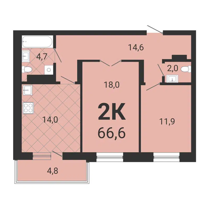 2-комнатная квартира 66.1 м² Тетрис