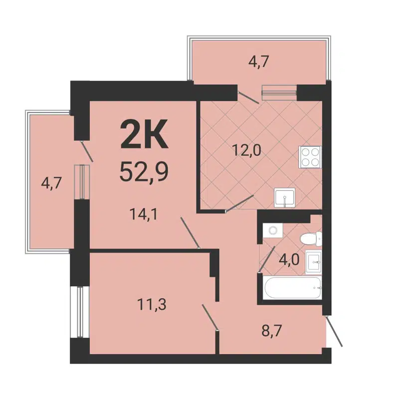 2-комнатная квартира 52.4 м² Тетрис