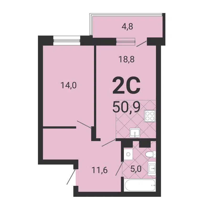 2-комнатная квартира 51.4 м² Тетрис
