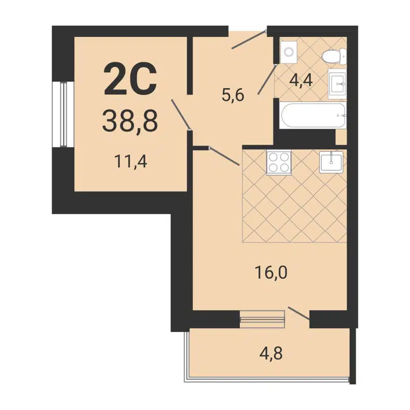 2-комнатная квартира 38.8 м² Тетрис