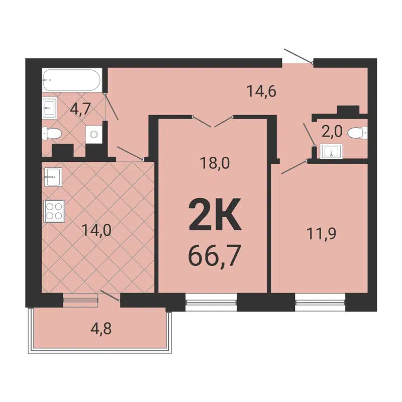 2-комнатная квартира 66.7 м² Тетрис