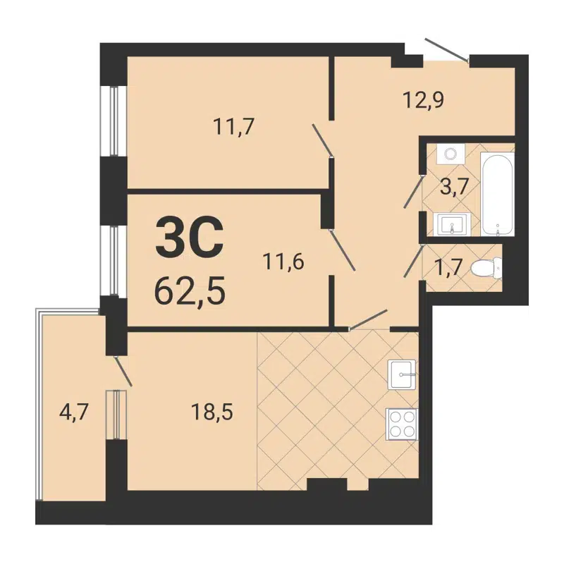 3-комнатная квартира 63.9 м² Тетрис