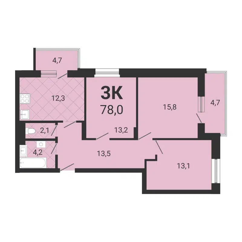 3-комнатная квартира 77.7 м² Тетрис