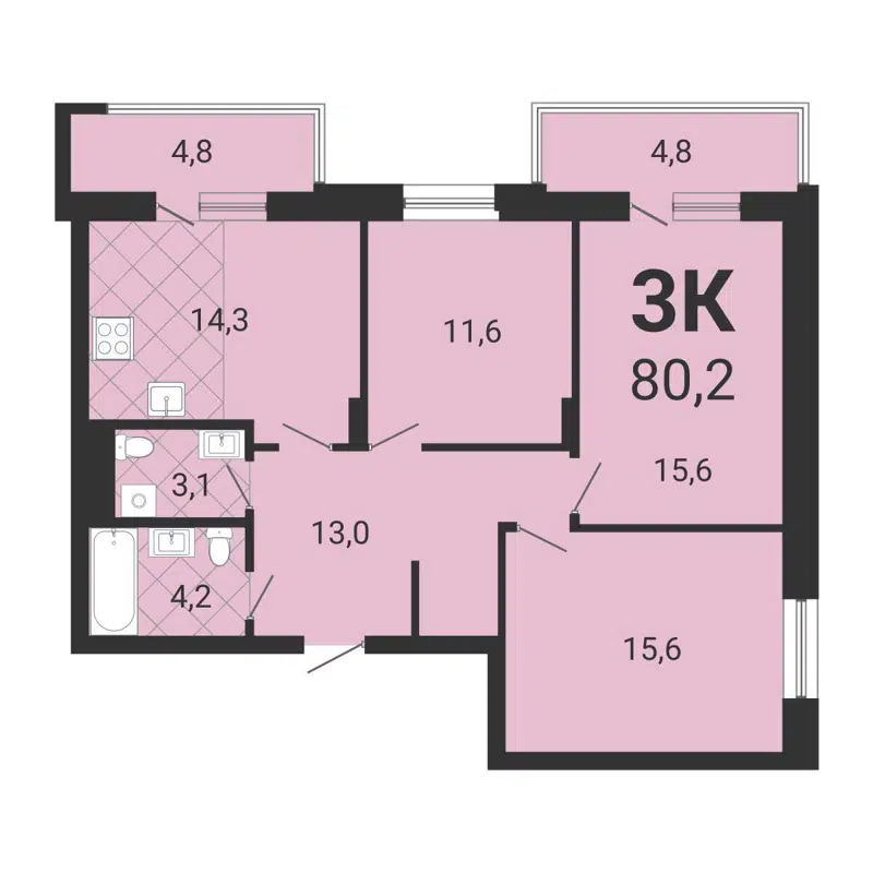 3-комнатная квартира 79.7 м² Тетрис