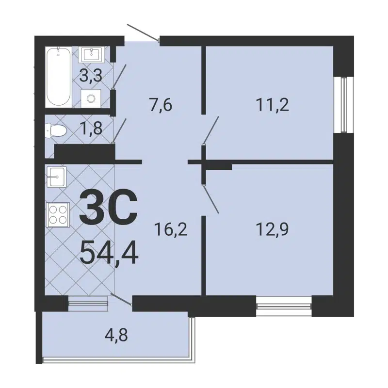 3-комнатная квартира 54.2 м² Тетрис