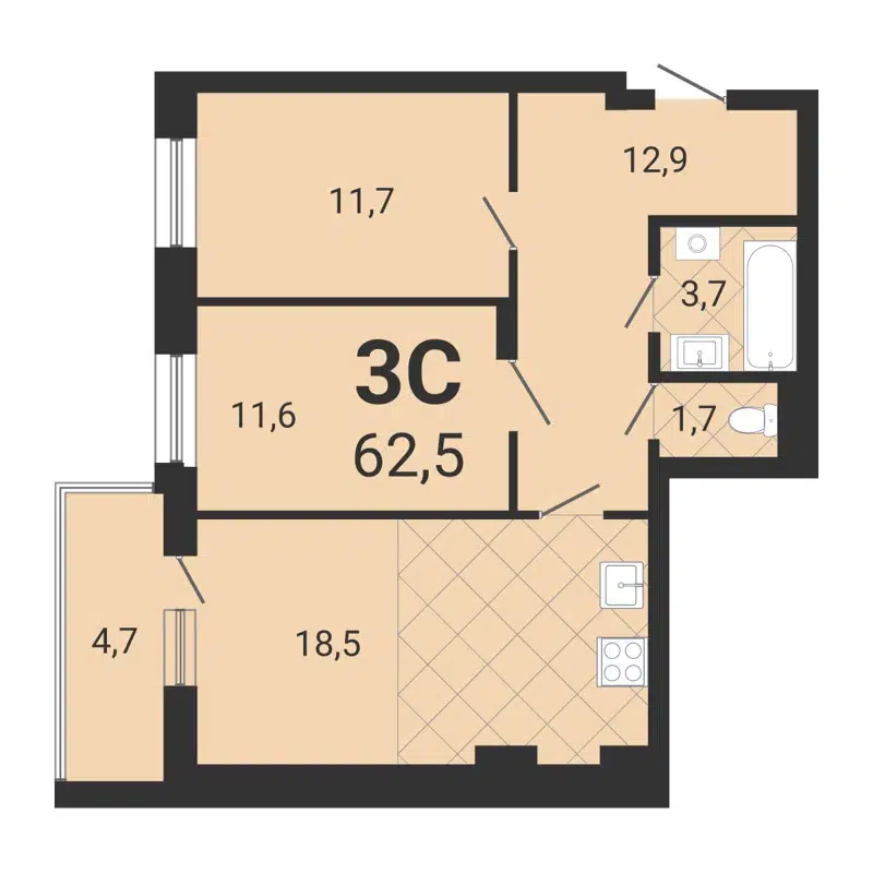 3-комнатная квартира 64.6 м² Тетрис