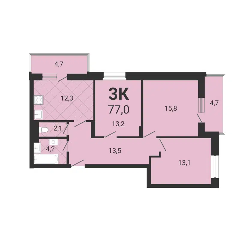 3-комнатная квартира 76.8 м² Тетрис