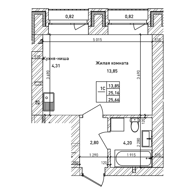 Студия 25.1 м² Комсомольский проспект