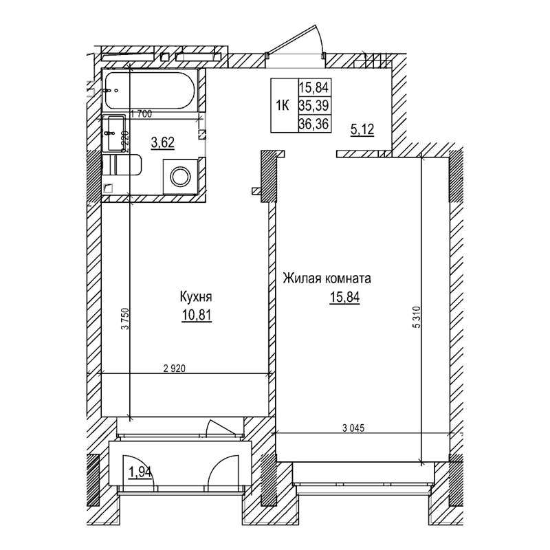 1-комнатная квартира 35.3 м² Комсомольский проспект