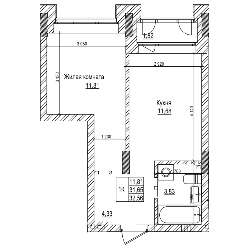 1-комнатная квартира 31.6 м² Комсомольский проспект