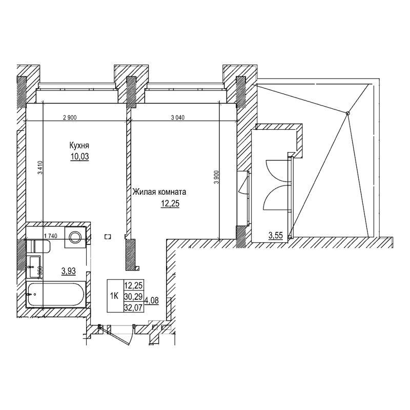 1-комнатная квартира 30.2 м² Комсомольский проспект