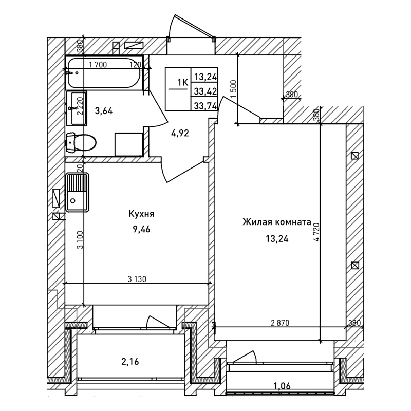 1-комнатная квартира 33.4 м² Комсомольский проспект