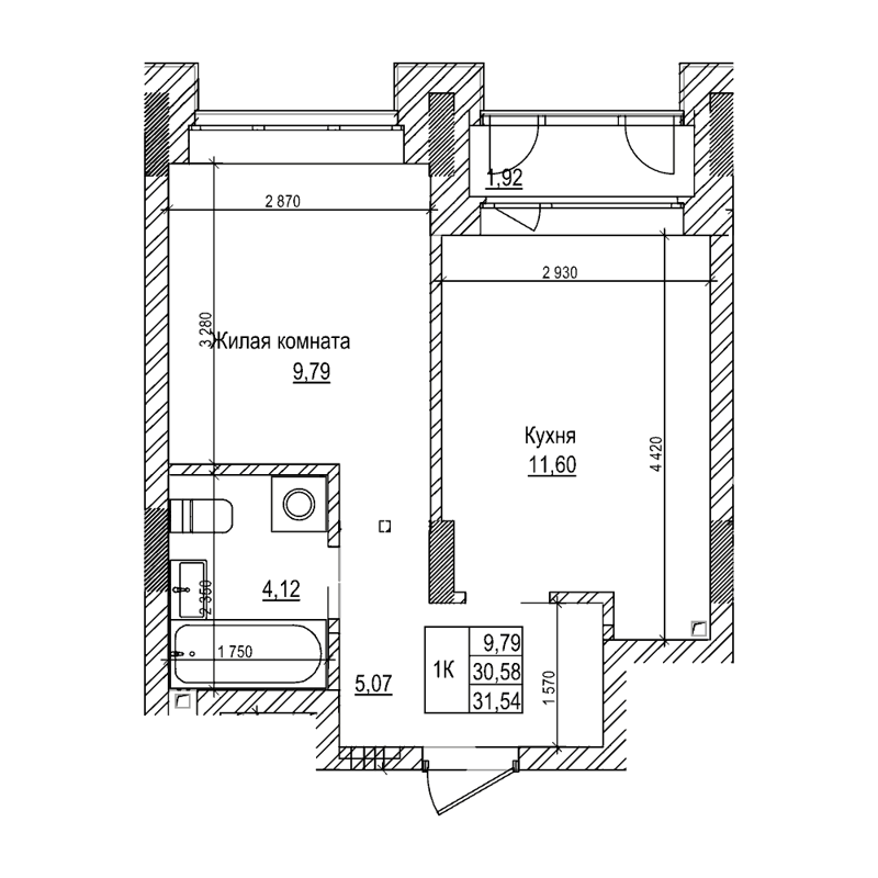 1-комнатная квартира 30.5 м² Комсомольский проспект