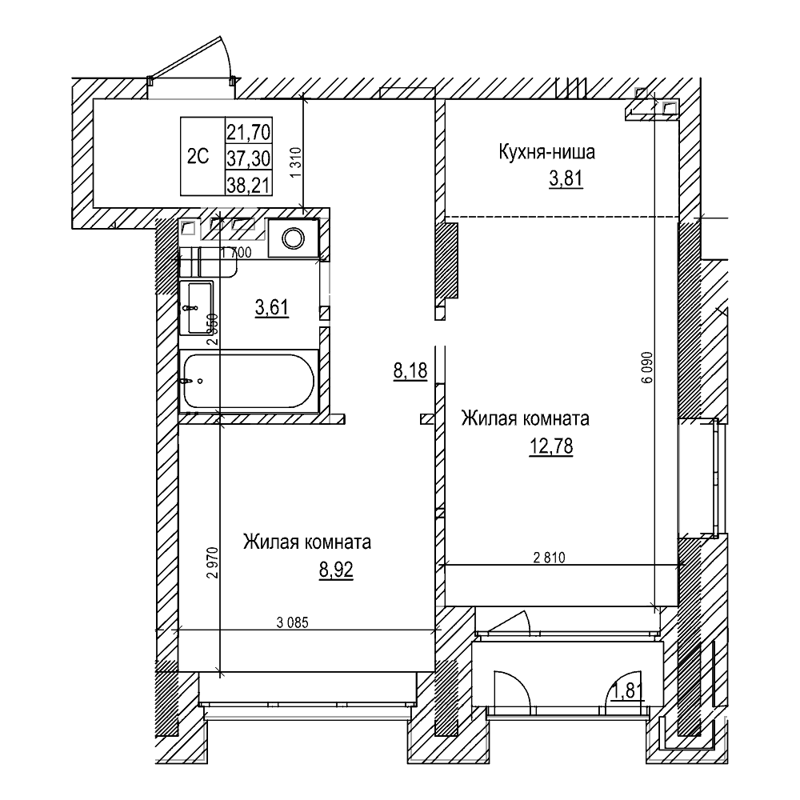 1-комнатная квартира 37.3 м² Комсомольский проспект