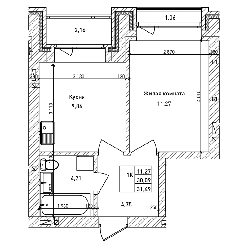 1-комнатная квартира 30 м² Комсомольский проспект
