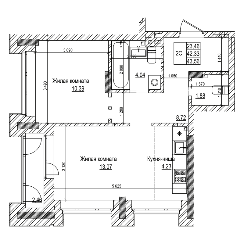 1-комнатная квартира 42.3 м² Комсомольский проспект