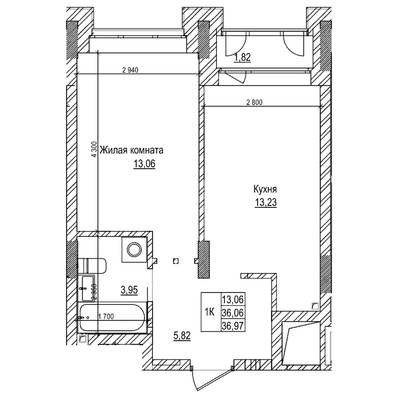 1-комнатная квартира 36 м² Комсомольский проспект