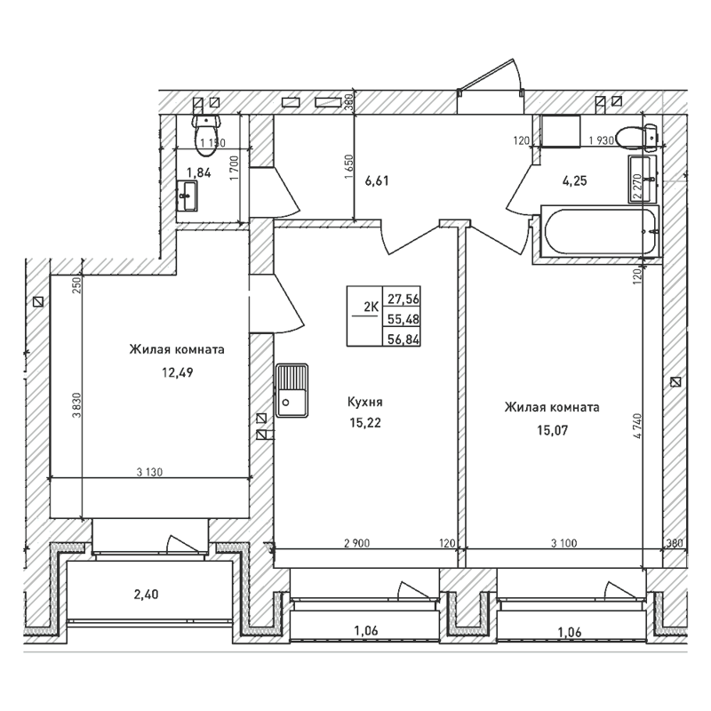 2-комнатная квартира 55.4 м² Комсомольский проспект