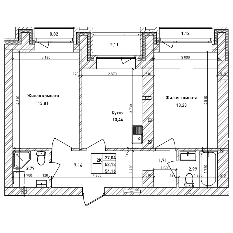 2-комнатная квартира 52.1 м² Комсомольский проспект