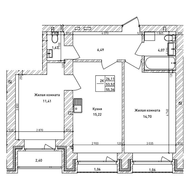2-комнатная квартира 53.5 м² Комсомольский проспект