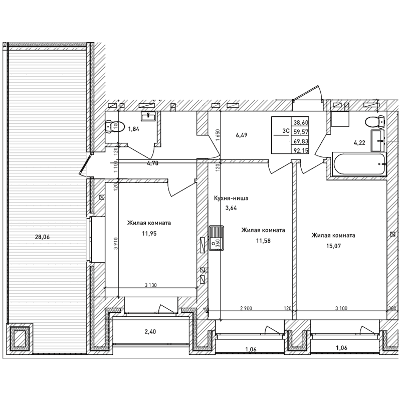 2-комнатная квартира 59.5 м² Комсомольский проспект